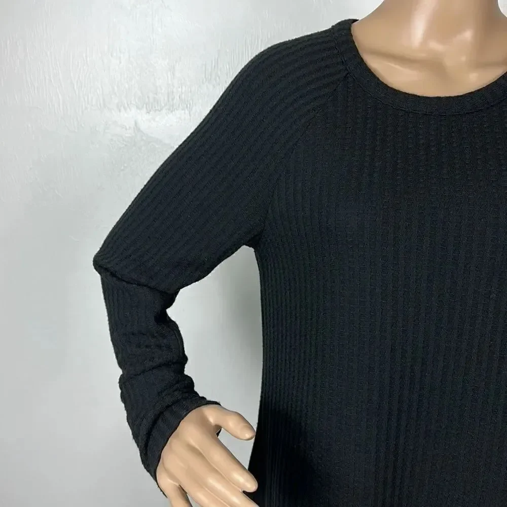 Chaser Black Waffle Knit Long Sleeve Crew Neck Top Size M